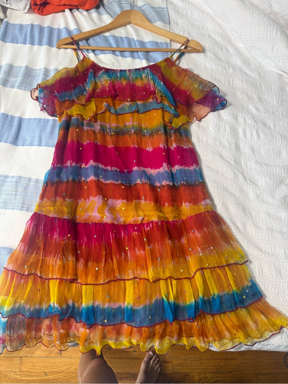 Multicolor Tiered Midi Dress with Ruffle Off-Shoulder